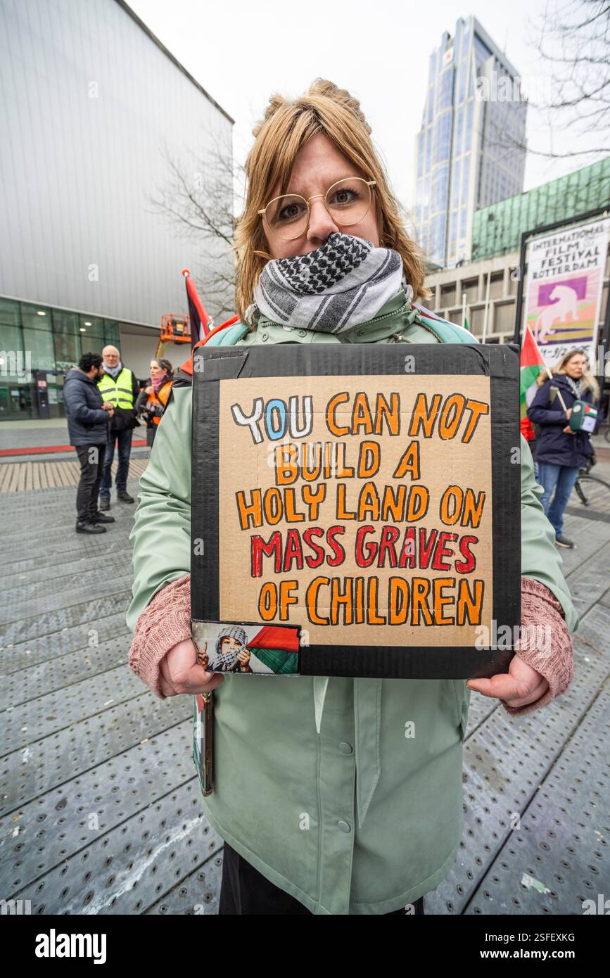 Schouwburgplein, Rotterdam. Saturday 8th February 2025. ‘No to Tramp Plan - Never.' A small but very vocal demonstration in the centre of Rotterdam, by Palestinians and their supporters to protest U.S. President Trump's comment earlier this week on “The U.S. take-over of Palestine and prime real estate development overlooking the Mediterranean Sea.” With an additional statement that the U.S. will “own' Gaza. Credit: Charles M Vella/Alamy Live News Stock Photo