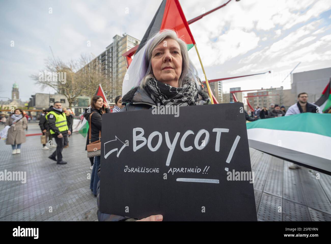 Schouwburgplein, Rotterdam. Saturday 8th February 2025. ‘No to Tramp Plan - Never.' A small but very vocal demonstration in the centre of Rotterdam, by Palestinians and their supporters to protest U.S. President Trump's comment earlier this week on “The U.S. take-over of Palestine and prime real estate development overlooking the Mediterranean Sea.” With an additional statement that the U.S. will “own' Gaza. Credit: Charles M Vella/Alamy Live News Stock Photo