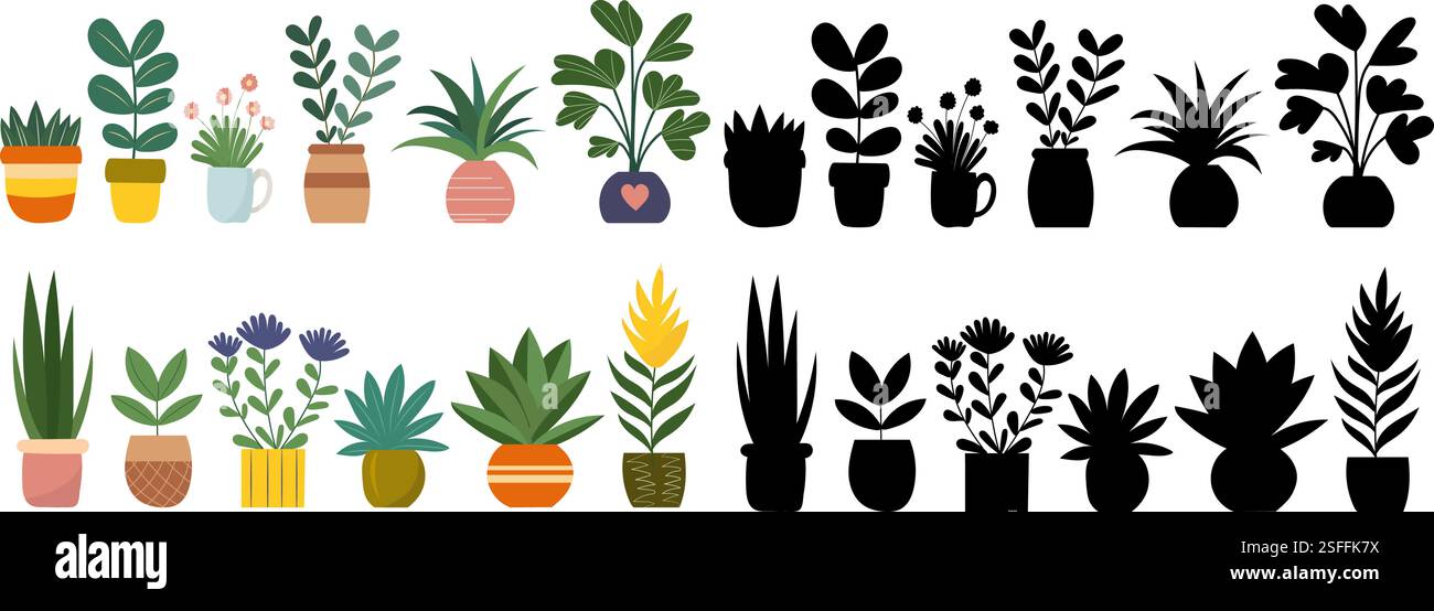 set of potted plants in doodle style, silhouette isolated vector Stock ...