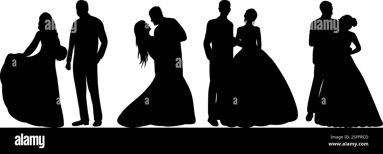 set of bride and groom silhouette on white background, vector Stock ...