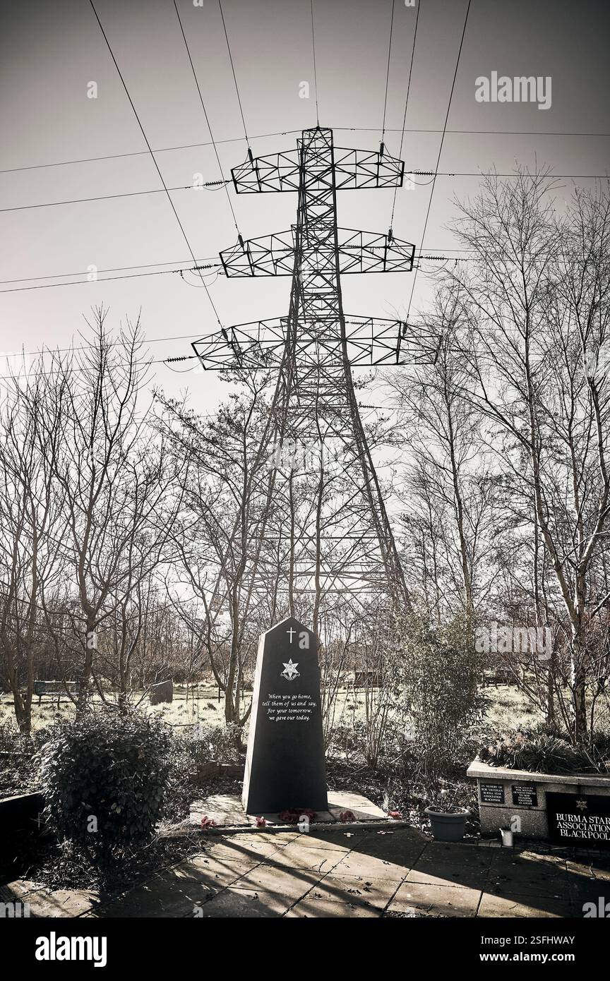 Fylde memorial arboretum and  community woodland.Pylon and tribute to service people of conflicts around the world Stock Photo