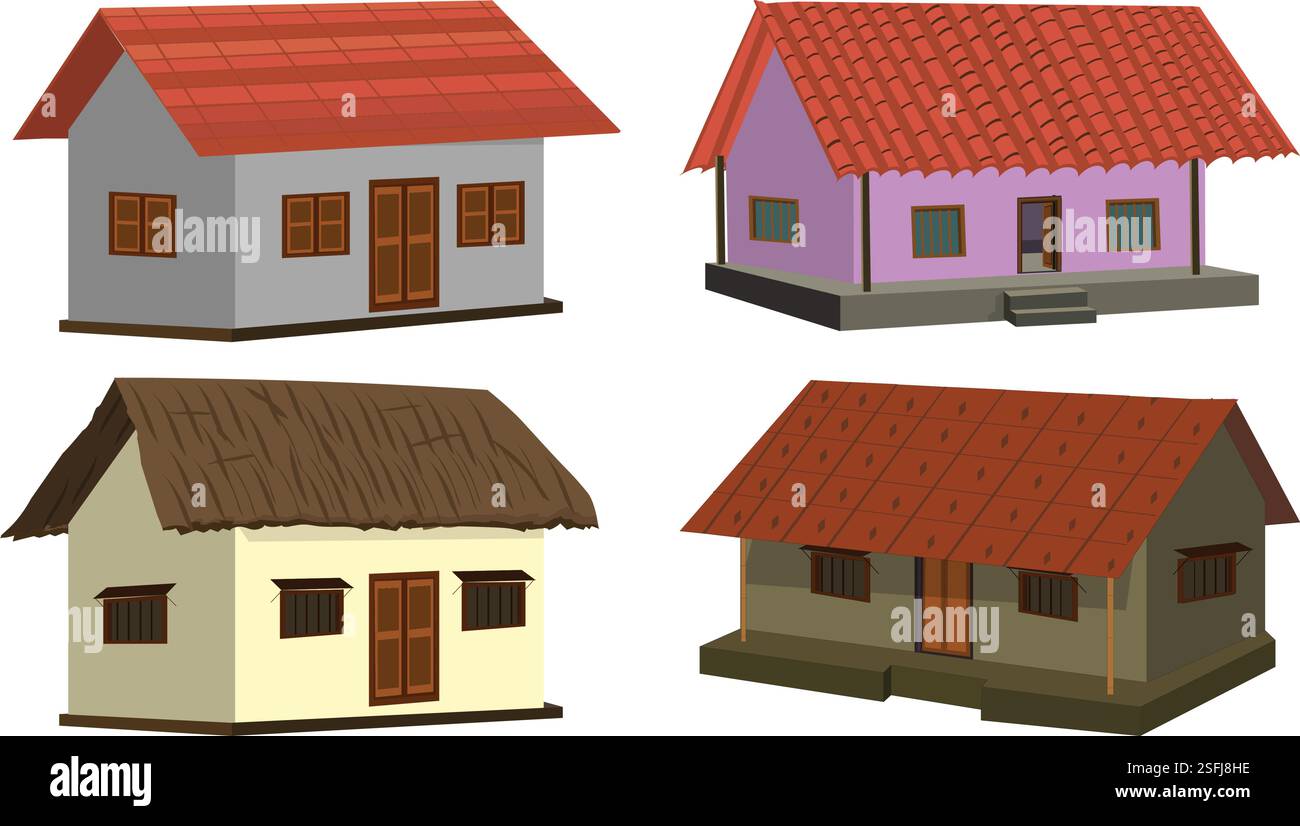 Indian style village house collection, hut collection for cartoon animation, tin shade house, bungalow with thatched roof vector illustration Stock Vector
