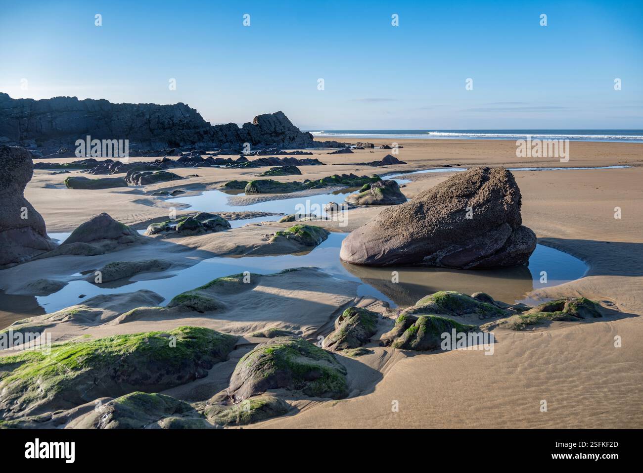 Exposed rocks sand and seaweed at low tide on Sandymouth Bay beach ...