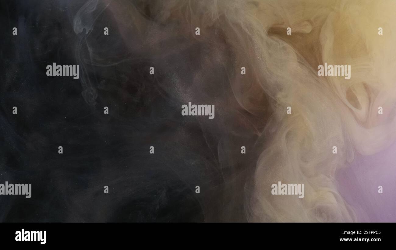 Fog fluid. Cosmic flow. Light beige paint oscillate on dark mystical water abstract background. Silk watercolor haze with defocused fume curls. Stock Photo