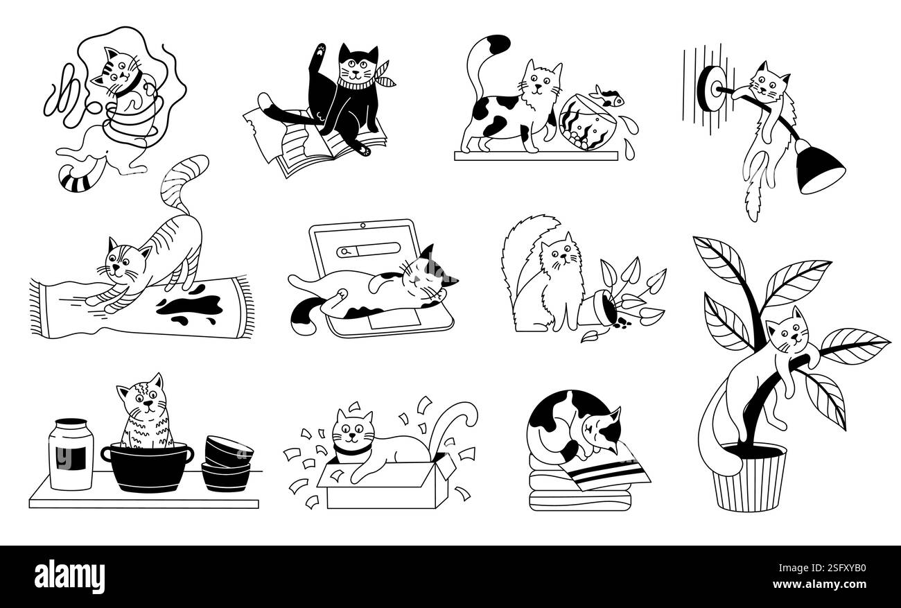 Funny cat character. Cute fluffy kittens in different cat poses, cheerful domestic pet sketch with positive emotions, outline doodle feline mascot. Ve Stock Vector
