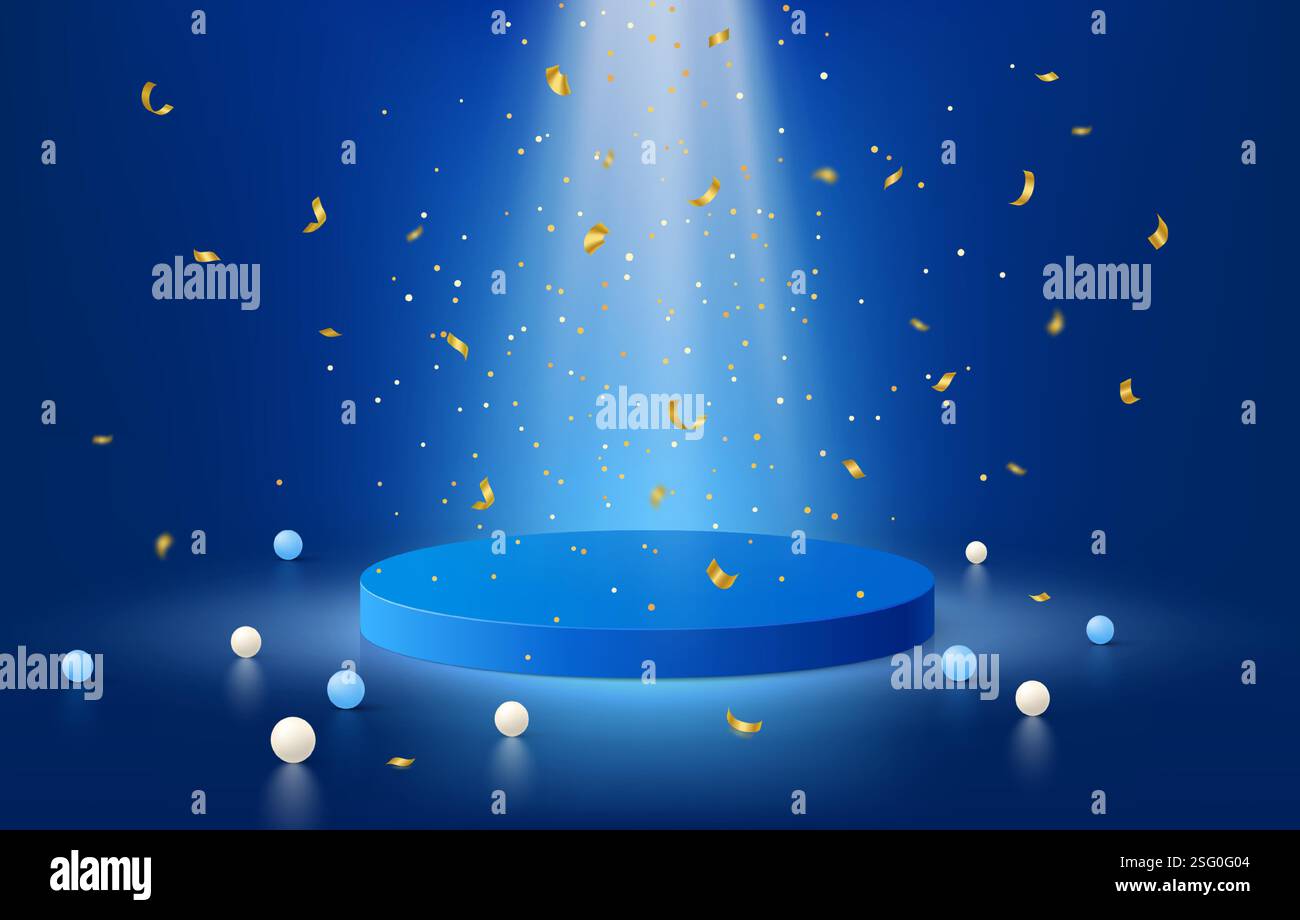 Display Out Background Blue background. 3d podium, product sale promotion with confetti in ...