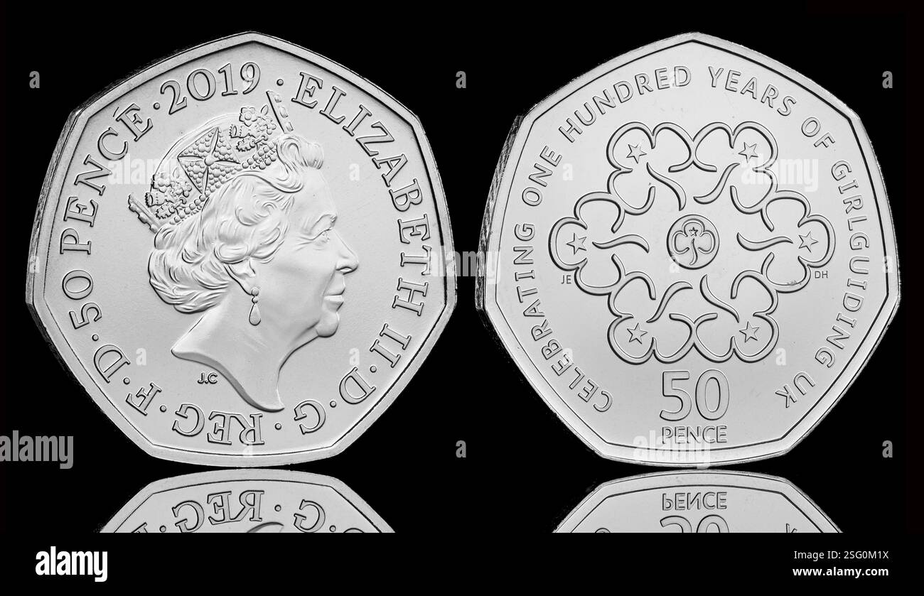 This 50p coin was originally released in 2010 to commemorate 100 years of Girlguiding. Reissued in the 2019 British Culture 50p coin set. Stock Photo