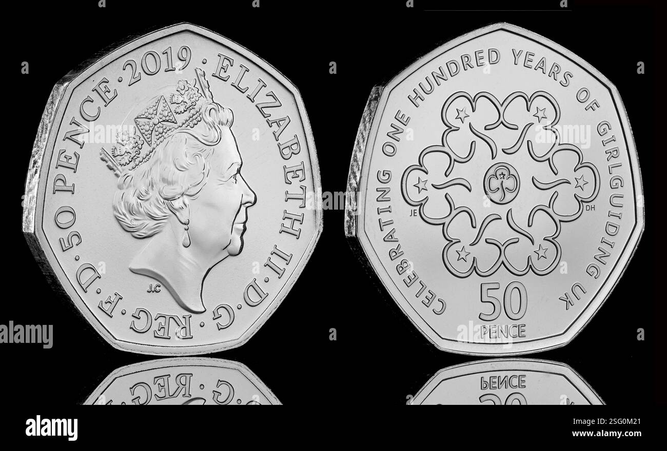 This 50p coin was originally released in 2010 to commemorate 100 years of Girlguiding. Reissued in the 2019 British Culture 50p coin set. Stock Photo