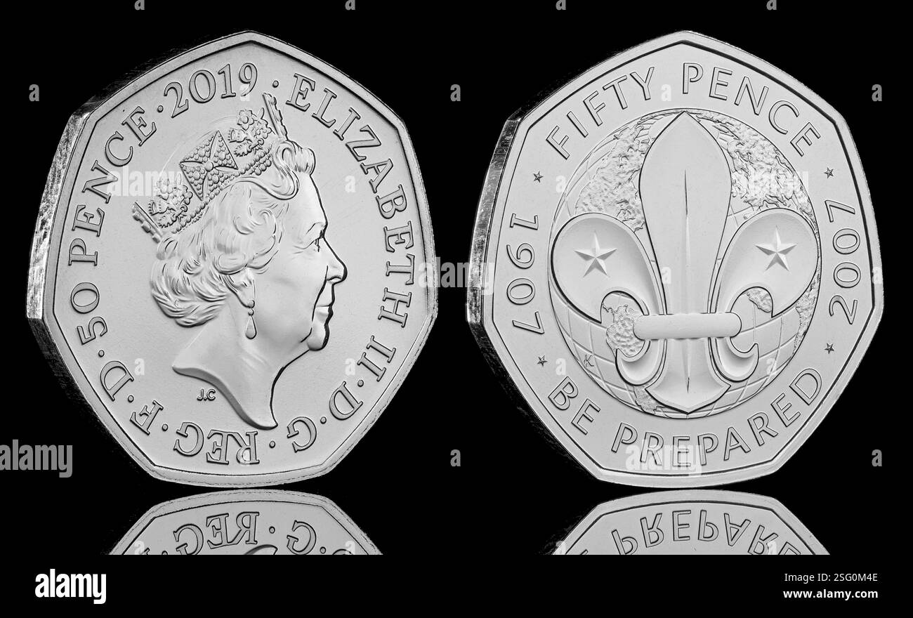 This 50p was originally released in 2007 to commemorate 100 years of Scouts & then reissued in the commemorative British Culture 50p coin set in 2019 Stock Photo