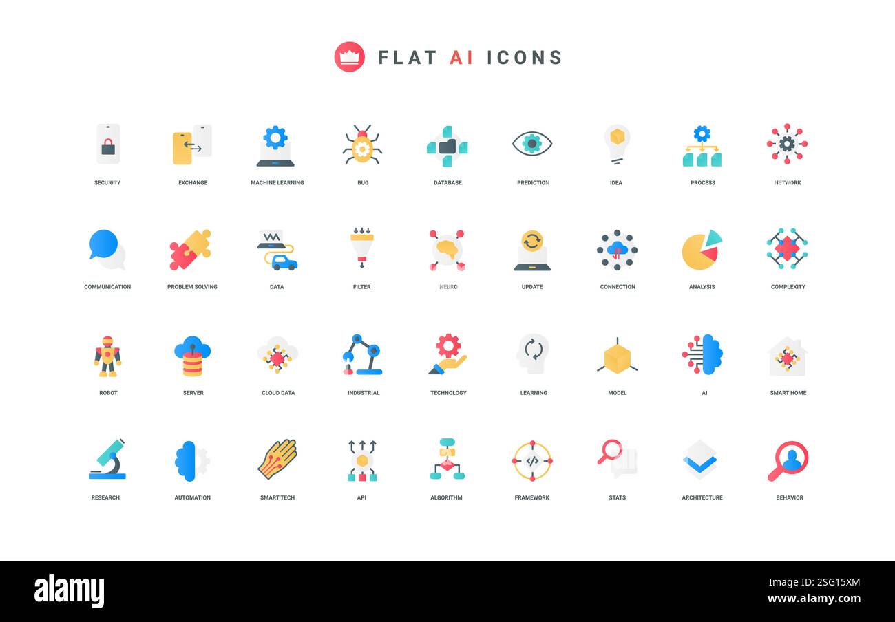 AI services for data analysis and statistics automation, solving problems of science and research color icon set. Neural networks, model for machine learning, robot flat elements vector illustration Stock Vector