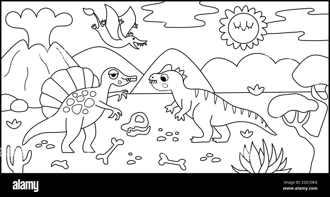 Vector horizontal black and white scene with allosaurus and spinosaurus in the desert. Dinosaur ...