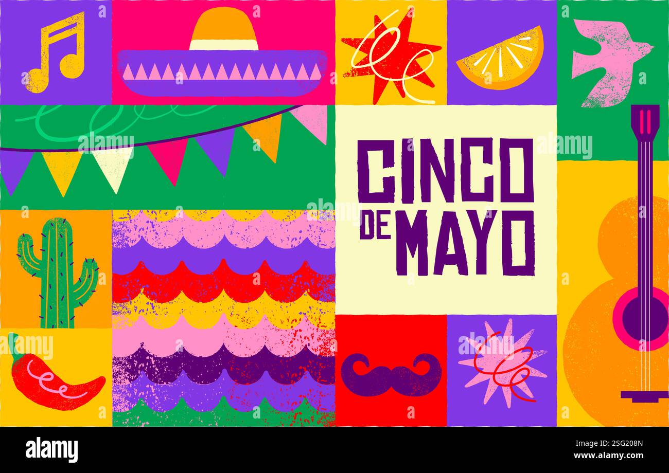 Cinco De Mayo Colorful, bold design in vibrant colors. Hand drawn textured Mexican elements ...