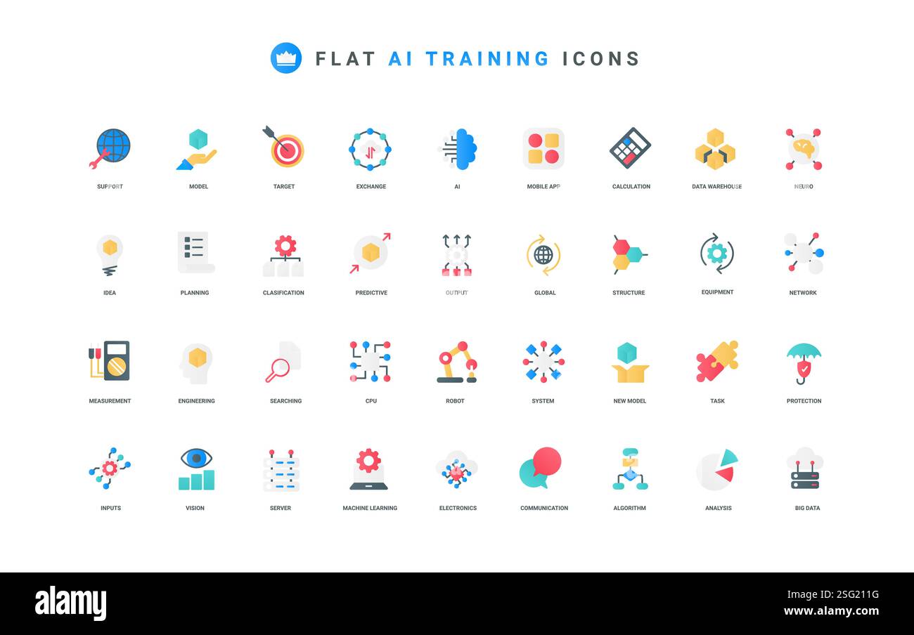 Machine learning, AI training, automatic data analysis and classification color icon set. Digital brain of robot and smart equipment, science model and algorithm flat elements vector illustration Stock Vector