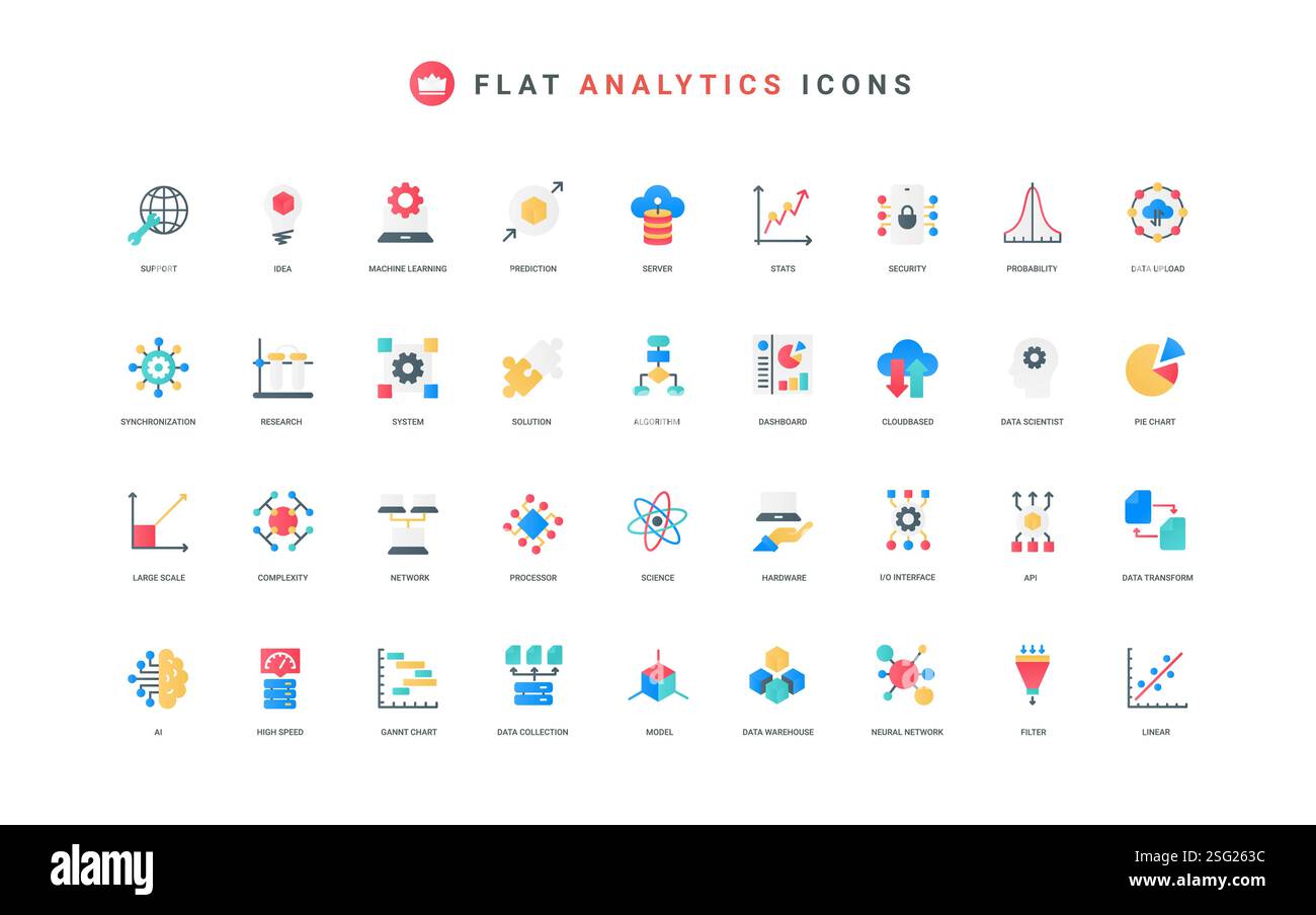 Data analysis with AI, machine learning, intelligent research process, statistics color icon set. Digital algorithm, tech structure and code to automate analytics, flat elements vector illustration Stock Vector