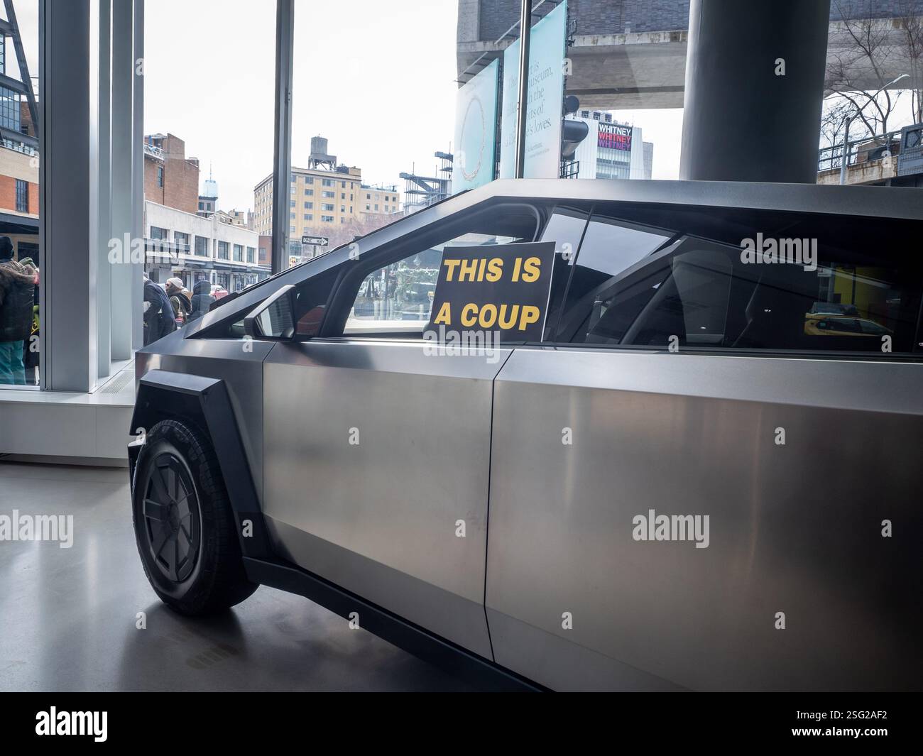 New York, New York, USA. 9th Feb, 2025. A placard on the side of a ...