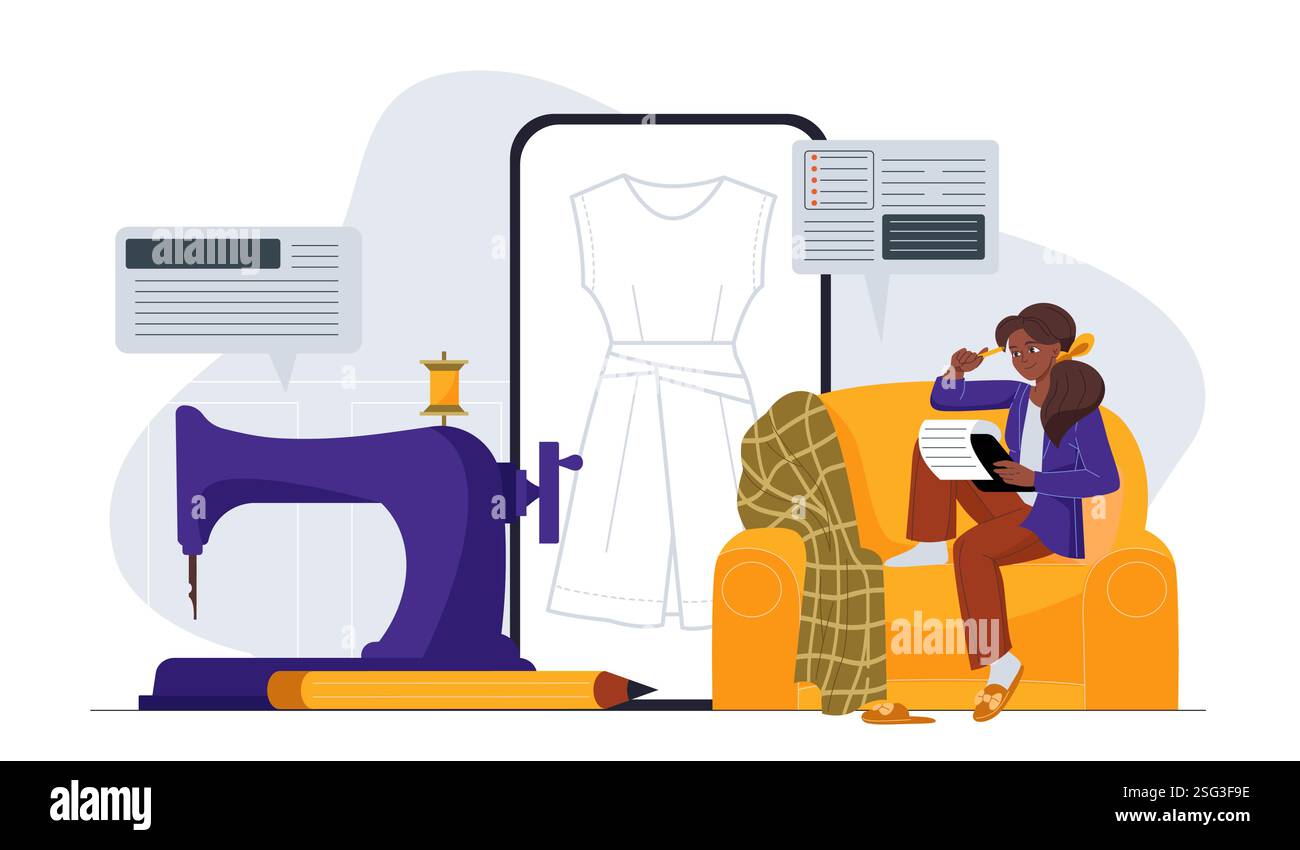 Fashion designer woman. Young girl near sewing machine and piece of ...
