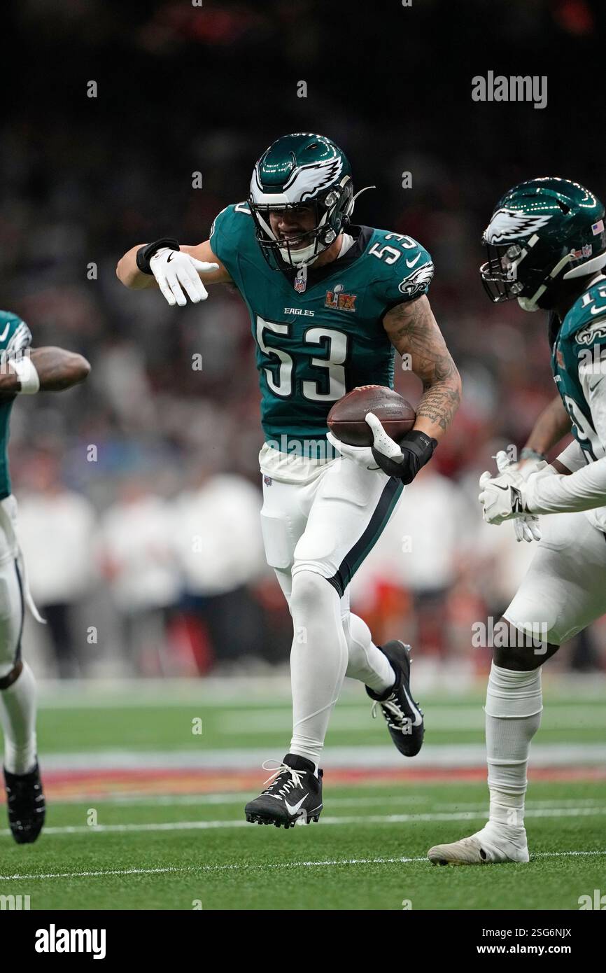 Philadelphia Eagles linebacker Zack Baun (53) celebrates with the ball against the Kansas City ...
