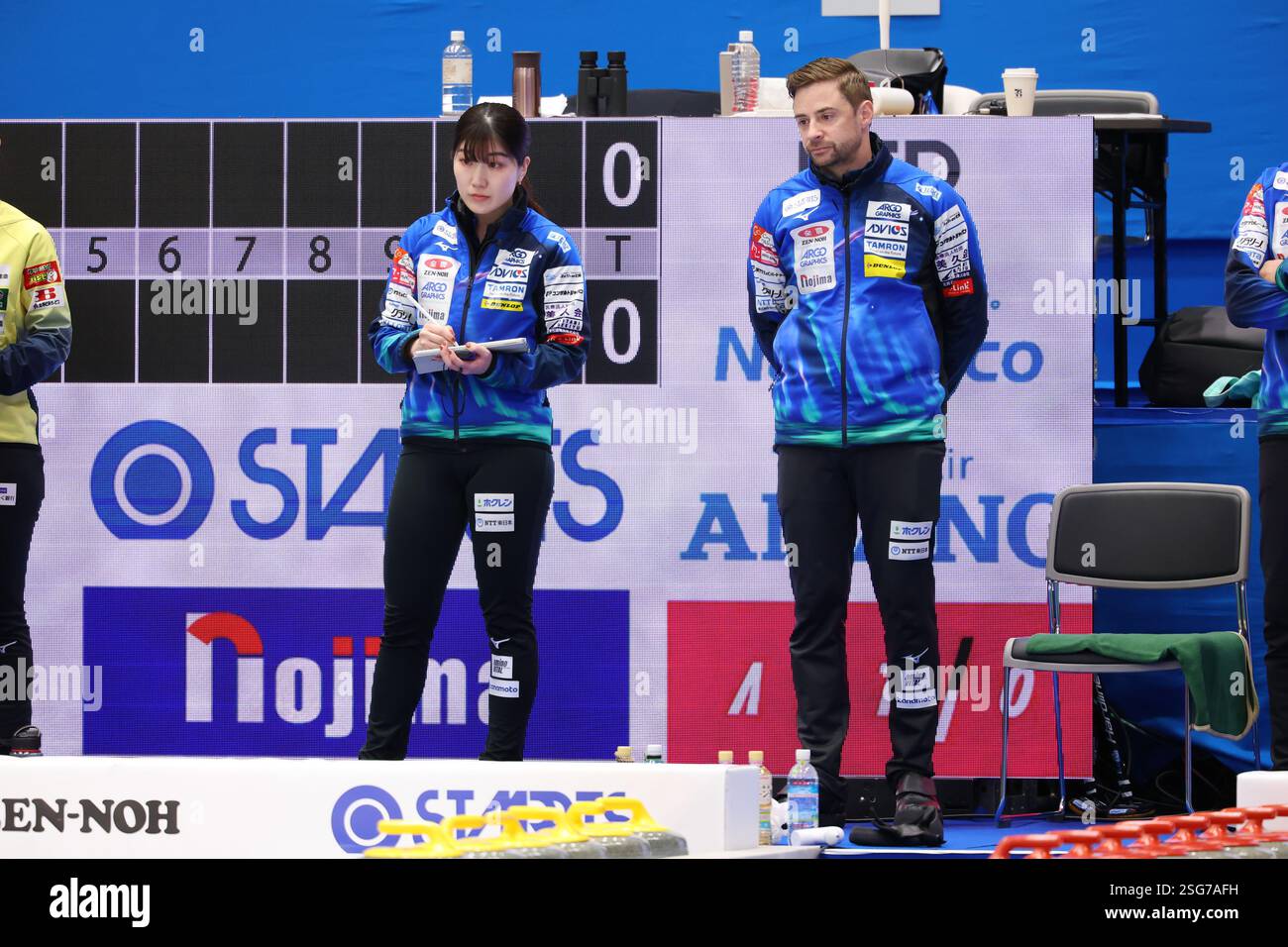 Yokohama BUNTAI, Kanagawa, Japan. 7th Feb, 2025. (L-R) Yako Matsuzawa, James Lind (LOCOSOLARE), FEBRUARY 7, 2025 - Curling : Japan curling championships Yokohama 2025 at Yokohama BUNTAI, Kanagawa, Japan. Credit: Yohei Osada/AFLO SPORT/Alamy Live News Stock Photo