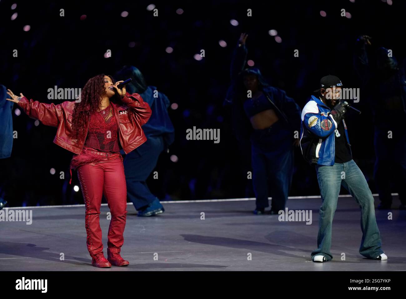 Kendrick Lamar and SZA perform during halftime of the NFL Super Bowl 59 ...