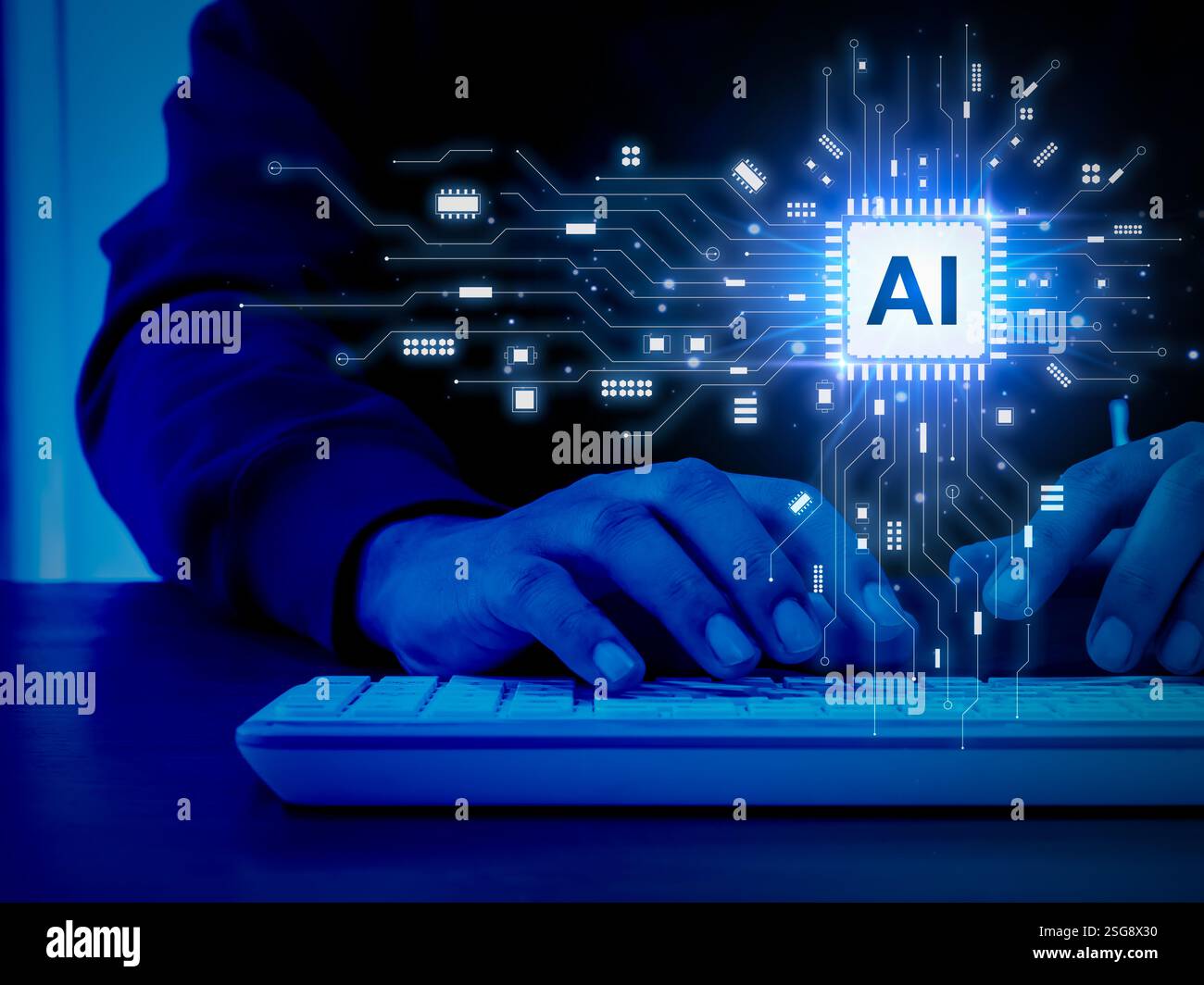 AI generated, futuristic technology. AI chip showing while businessman hands while using computer, blue tone. Artificial intelligence service tools, a Stock Photo