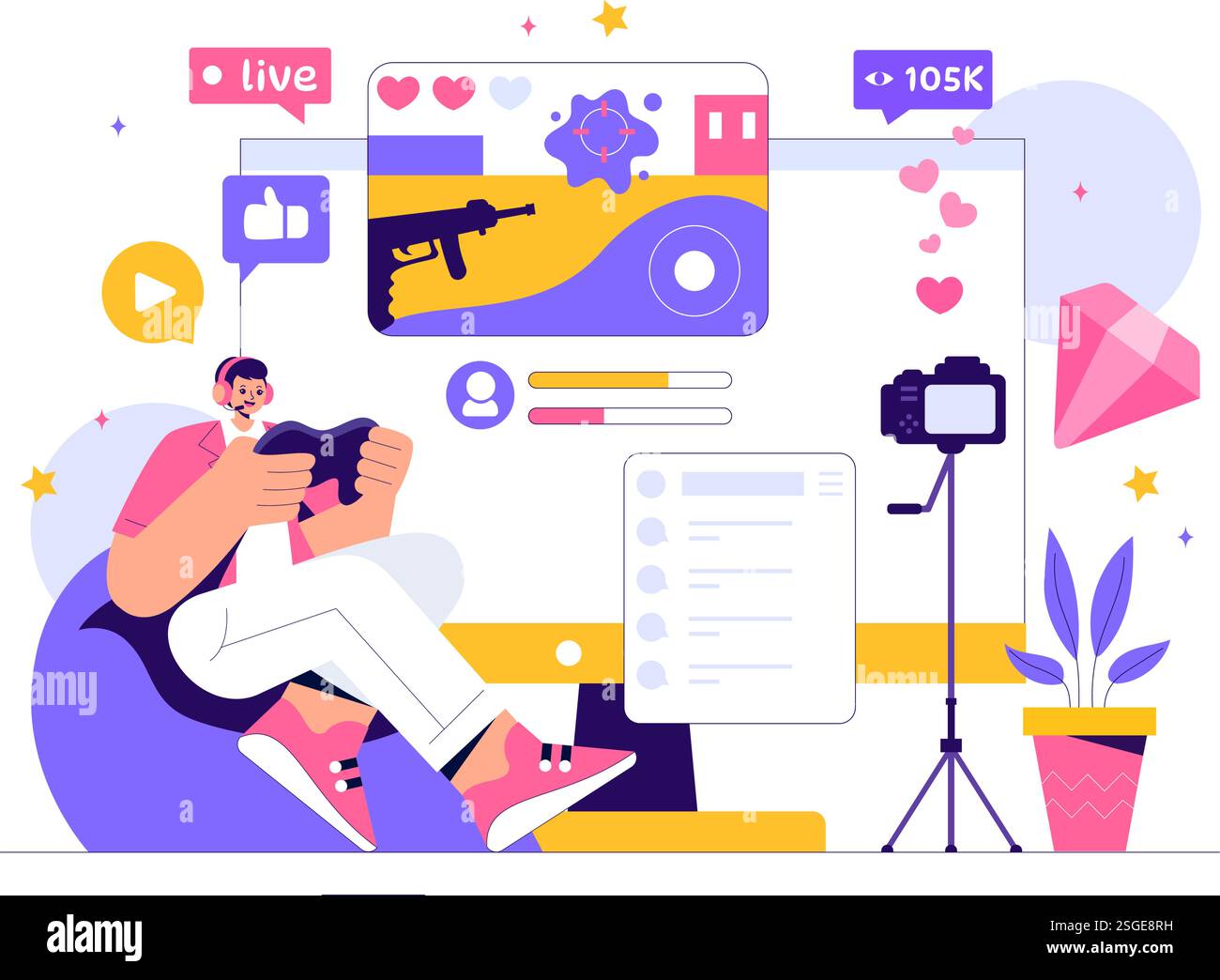 Video Game Streaming Vector Illustration featuring a Professional Cute ...