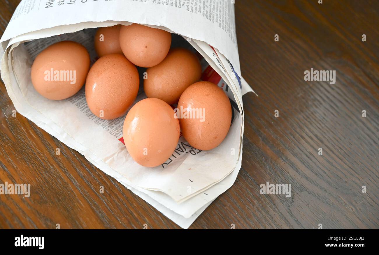 Brown natural eggs in newspaper cone. Stock Photo