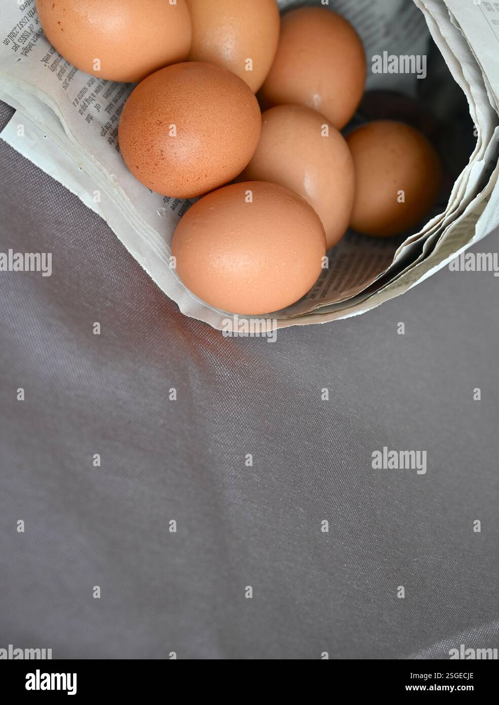 Brown natural eggs in newspaper cone vertical shot. Stock Photo