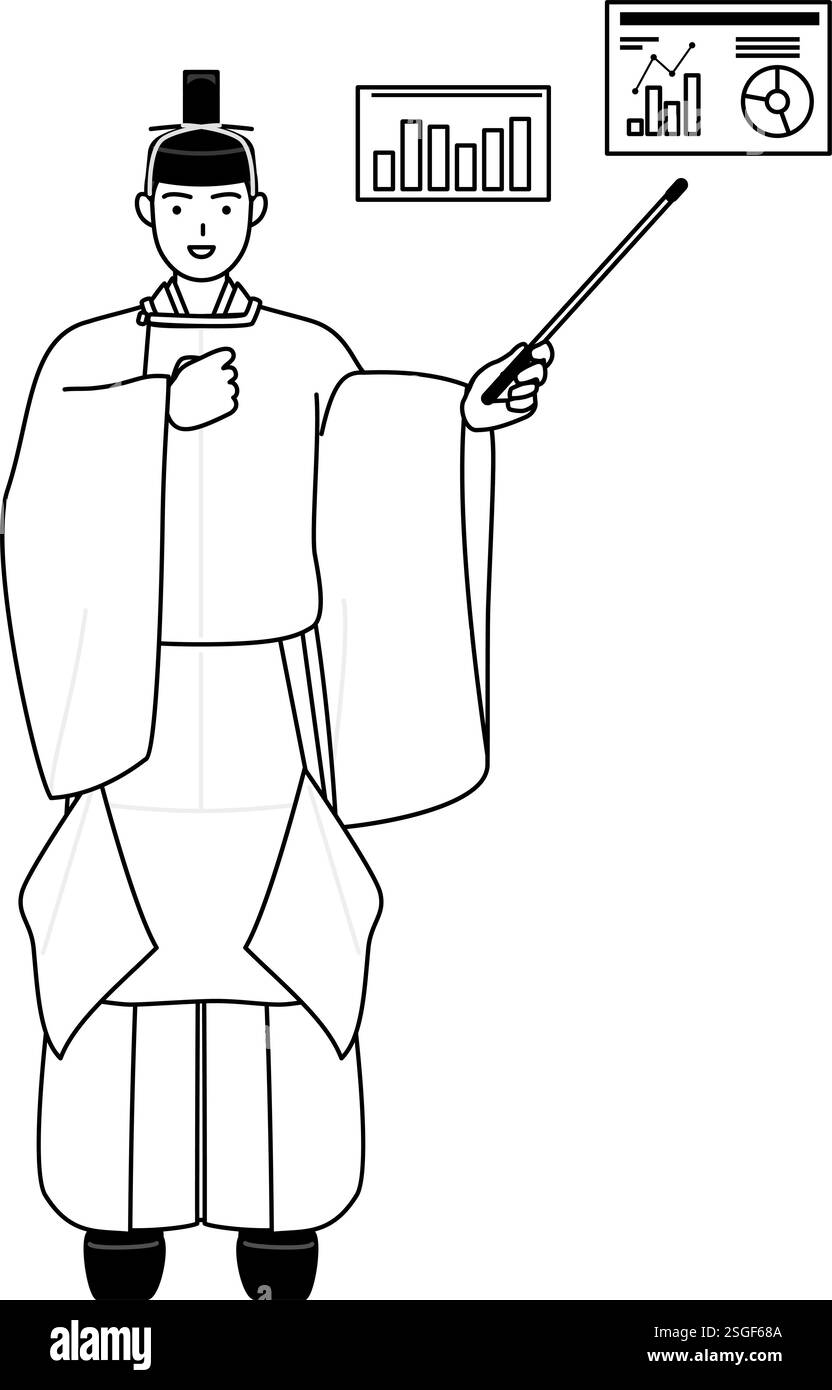 Priest of the shrine, wearing a crown and a white silk robes worn at festivals, analyzing a performance graph, Vector Illustration Stock Vector