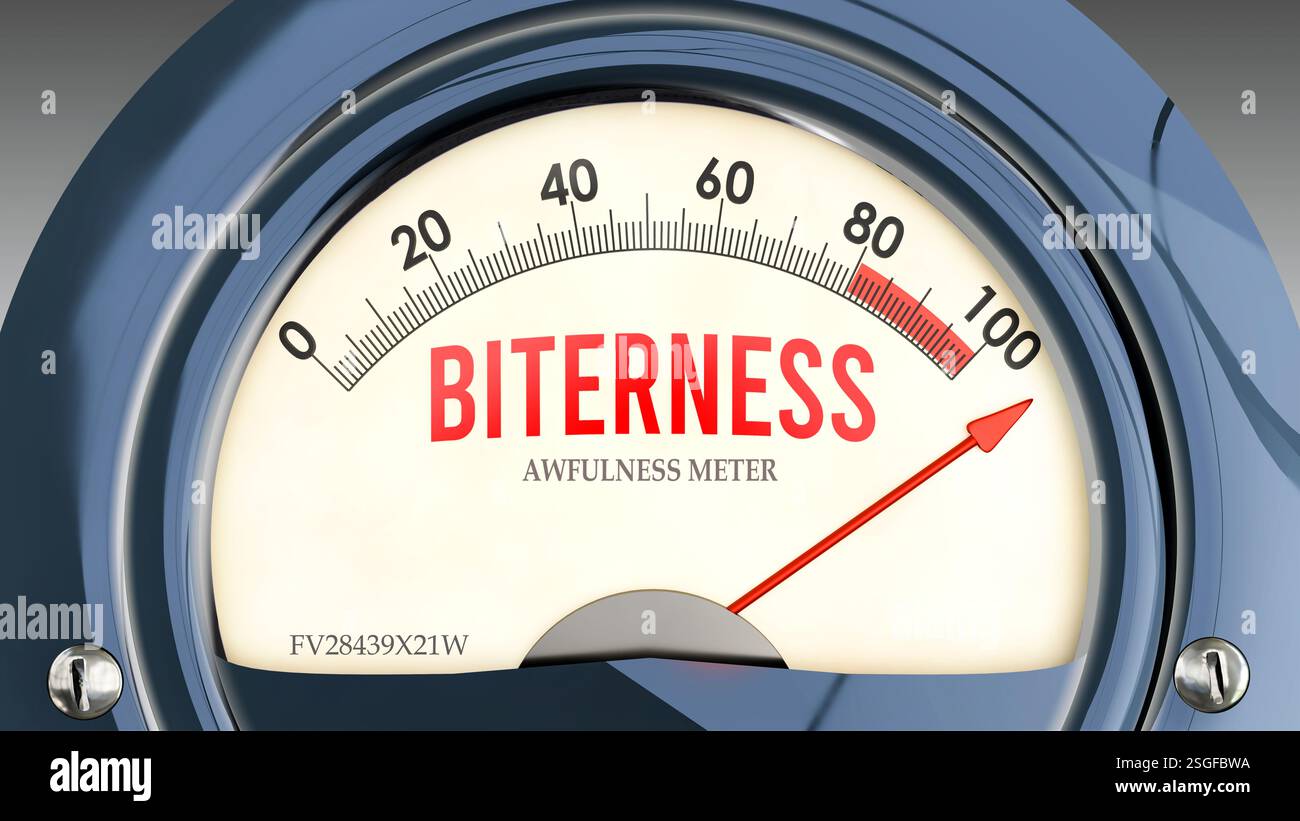 Biterness and Awfulness Meter that is hitting a full scale, showing a very high level of biterness Stock Photo