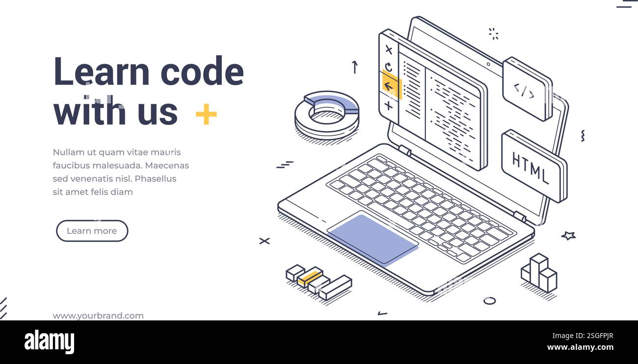 Laptop showcases web code representing a modern digital workspace focused on coding and development. Isometric line art web banner, landing page templ Stock Vector