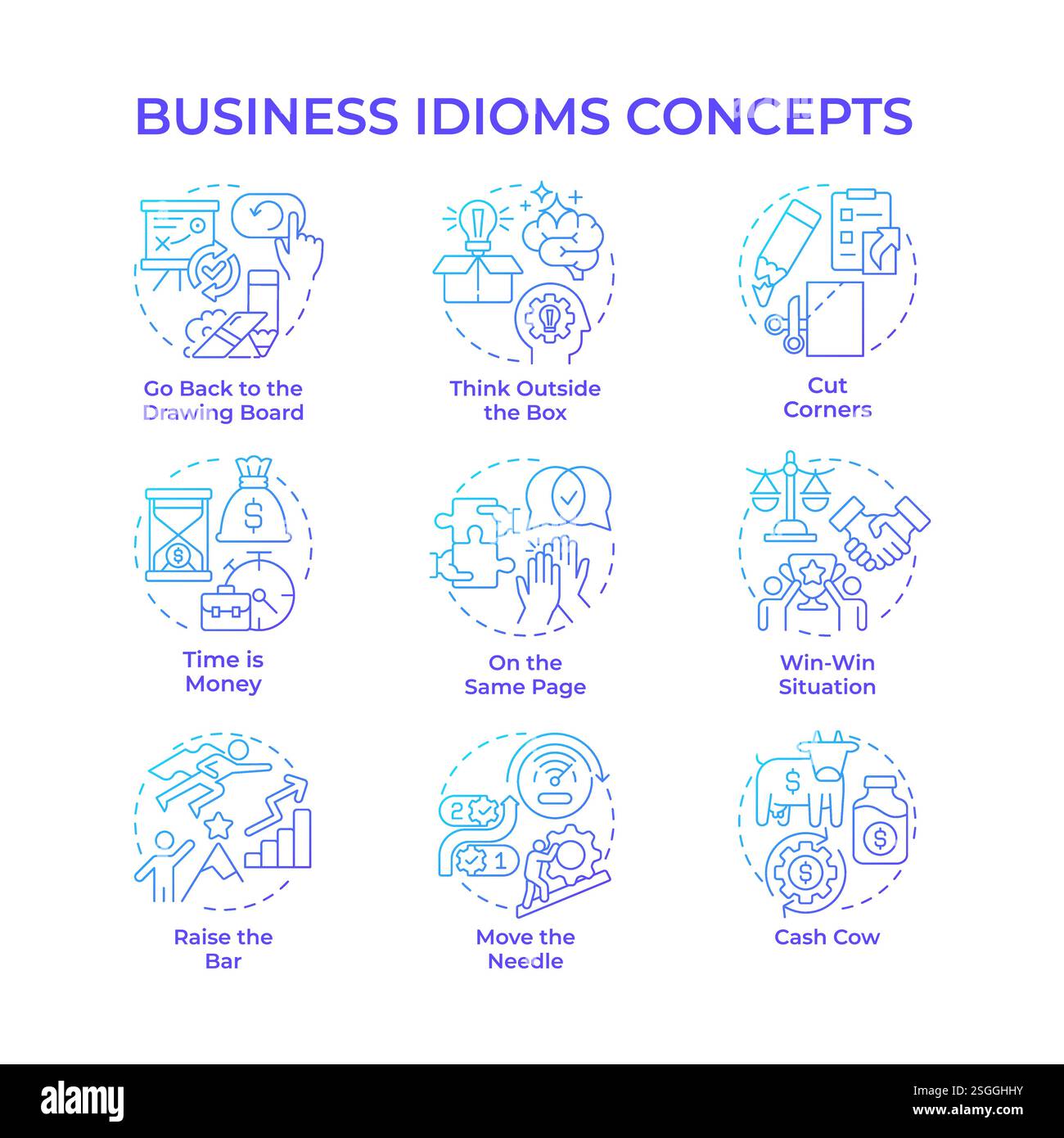 Business idioms blue gradient concept icons Stock Vector