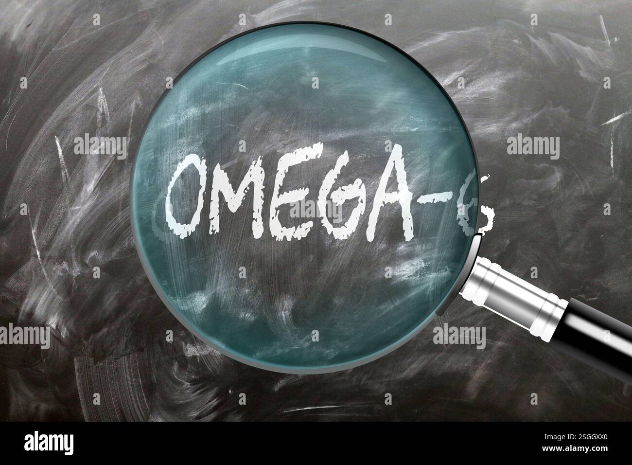 Omega-6 - learn, study and inspect it. Taking a closer look at omega-6. A magnifying glass enlarging word 'omega-6' written on a blackboard Stock Photo