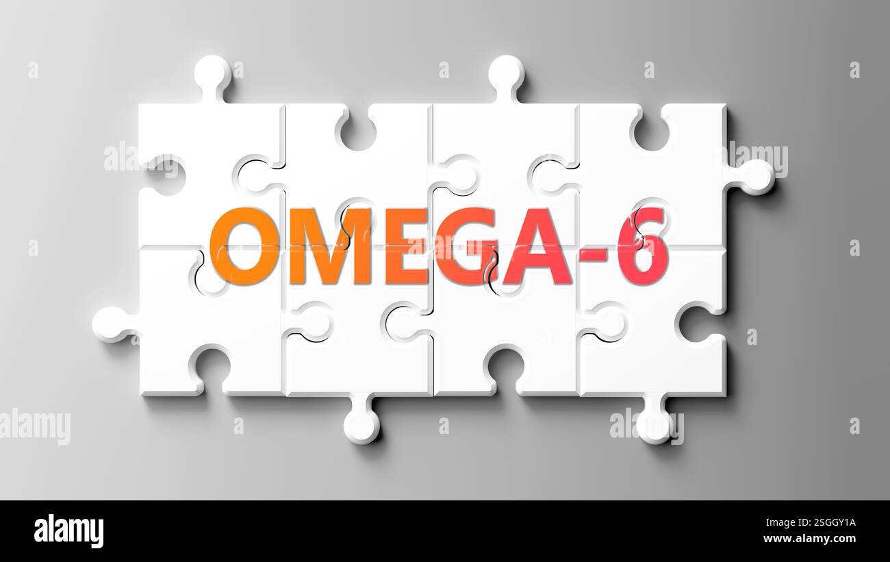 Omega-6 as a complex subject, related to important topics spreading around as a word cloud. Stock Photo
