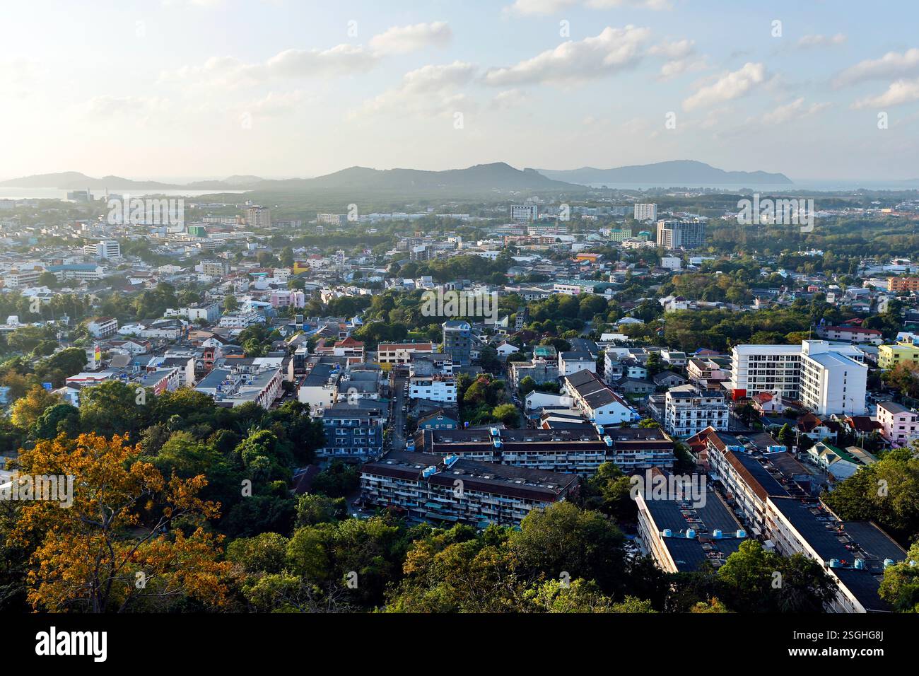 View of Phuket Town skyline at dusk from Rang Hill also known as Khao ...