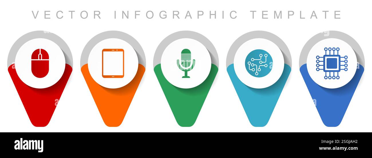 Technology pointer collection, miscellaneous icons such as computer mouse, tablet, microphone, chip and cpu, flat design vector infographic template i Stock Vector
