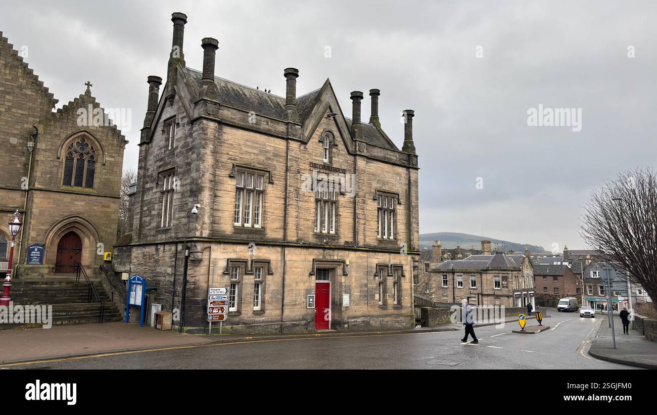 The Old Courthouse in Peebles, Scottish Borders. Beautiful old village town in the Borders area of Scotland. Historic buildings and architecture. - Smartphone Captured Stock Image