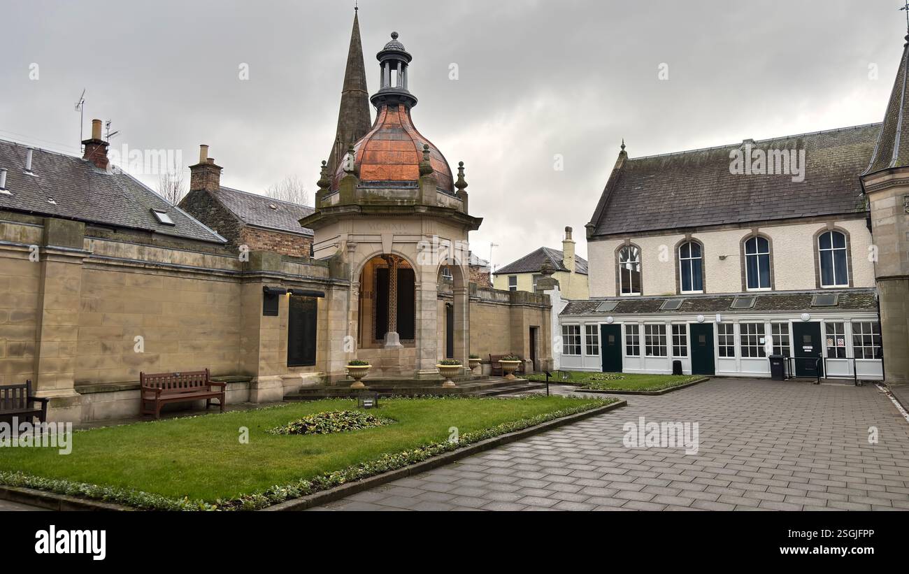 War Memorial in Peebles, Scottish Borders. Beautiful old village town in the Borders area of Scotland. Historic buildings and architecture. - Smartphone Captured Stock Image