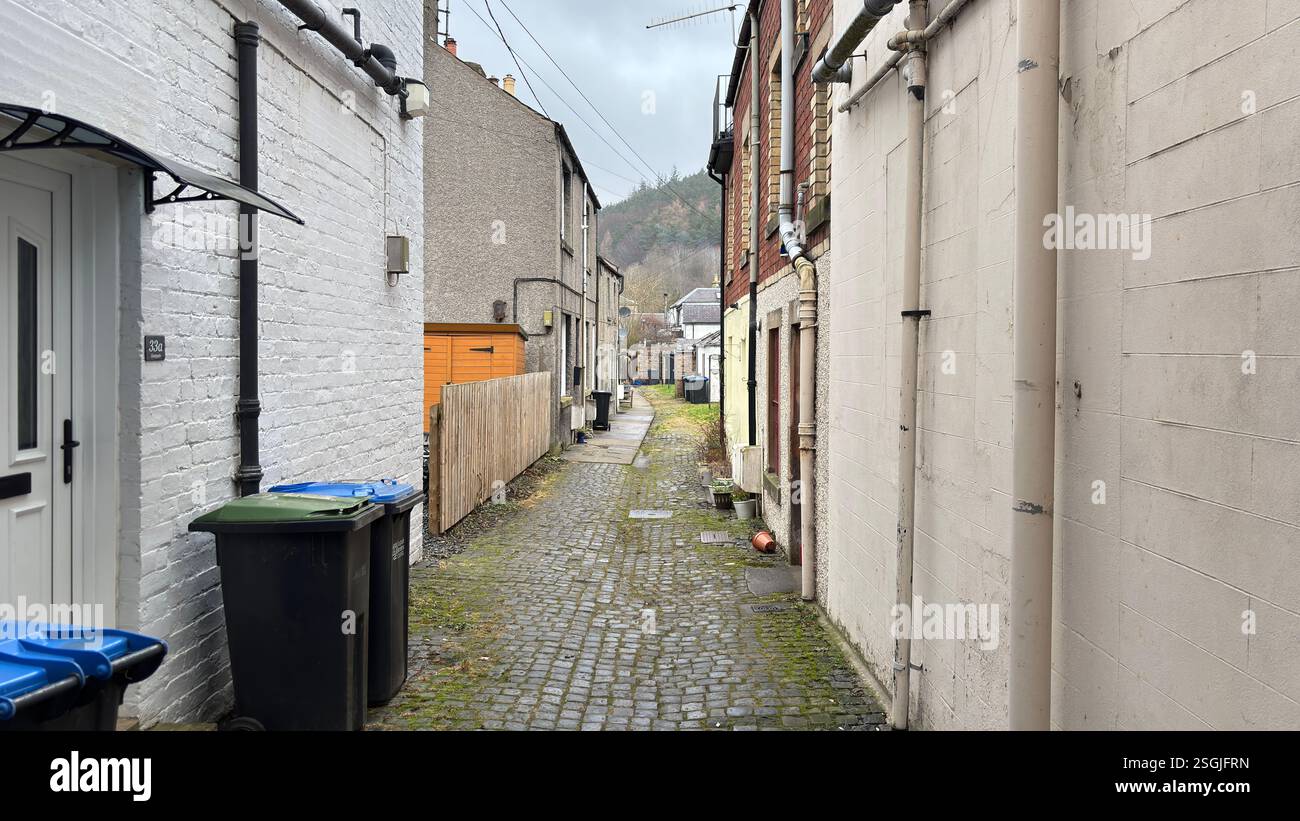 Back Alley in Peebles, Scottish Borders. Beautiful old village town in the Borders area of Scotland. Historic buildings and architecture. - Smartphone Captured Stock Image