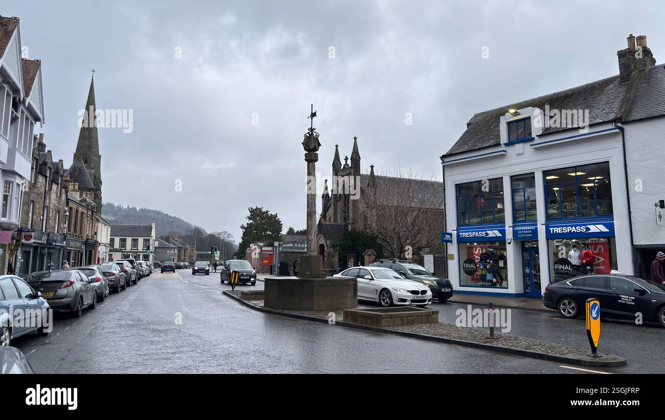 Peebles Mercat Cross, Scottish Borders. Beautiful old village town in the Borders area of Scotland. Historic buildings and architecture. - Smartphone Captured Stock Image