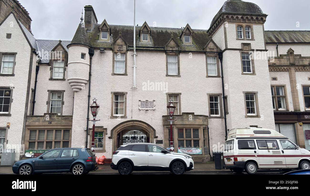Tweeddale Museum Building in Peebles, Scottish Borders. Beautiful old village town in the Borders area of Scotland. Historic buildings architecture - Smartphone Captured Stock Image