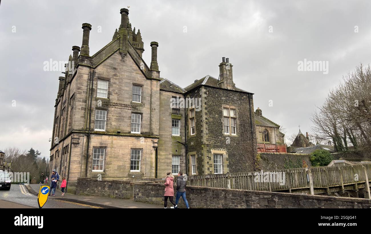 The Old Courthouse in Peebles, Scottish Borders. Beautiful old village town in the Borders area of Scotland. Historic buildings and architecture. - Smartphone Captured Stock Image