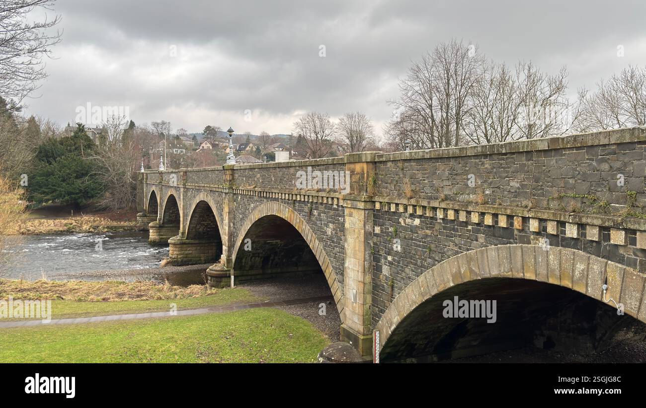 Tweed Bridge in Peebles, Scottish Borders. Beautiful old village town in the Borders area of Scotland. Historic buildings and architecture. - Smartphone Captured Stock Image
