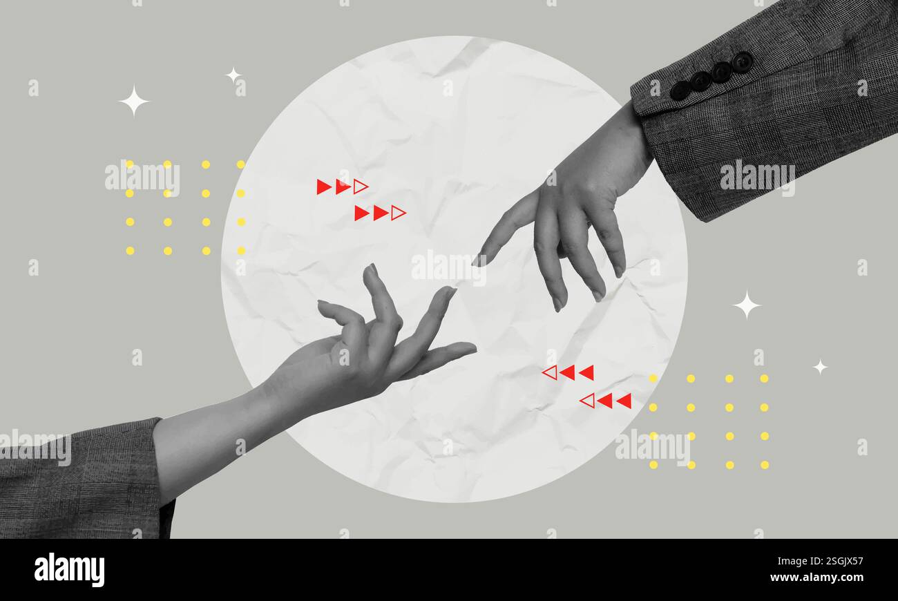 Dynamic hands reaching out in a creative collage style for connection ...