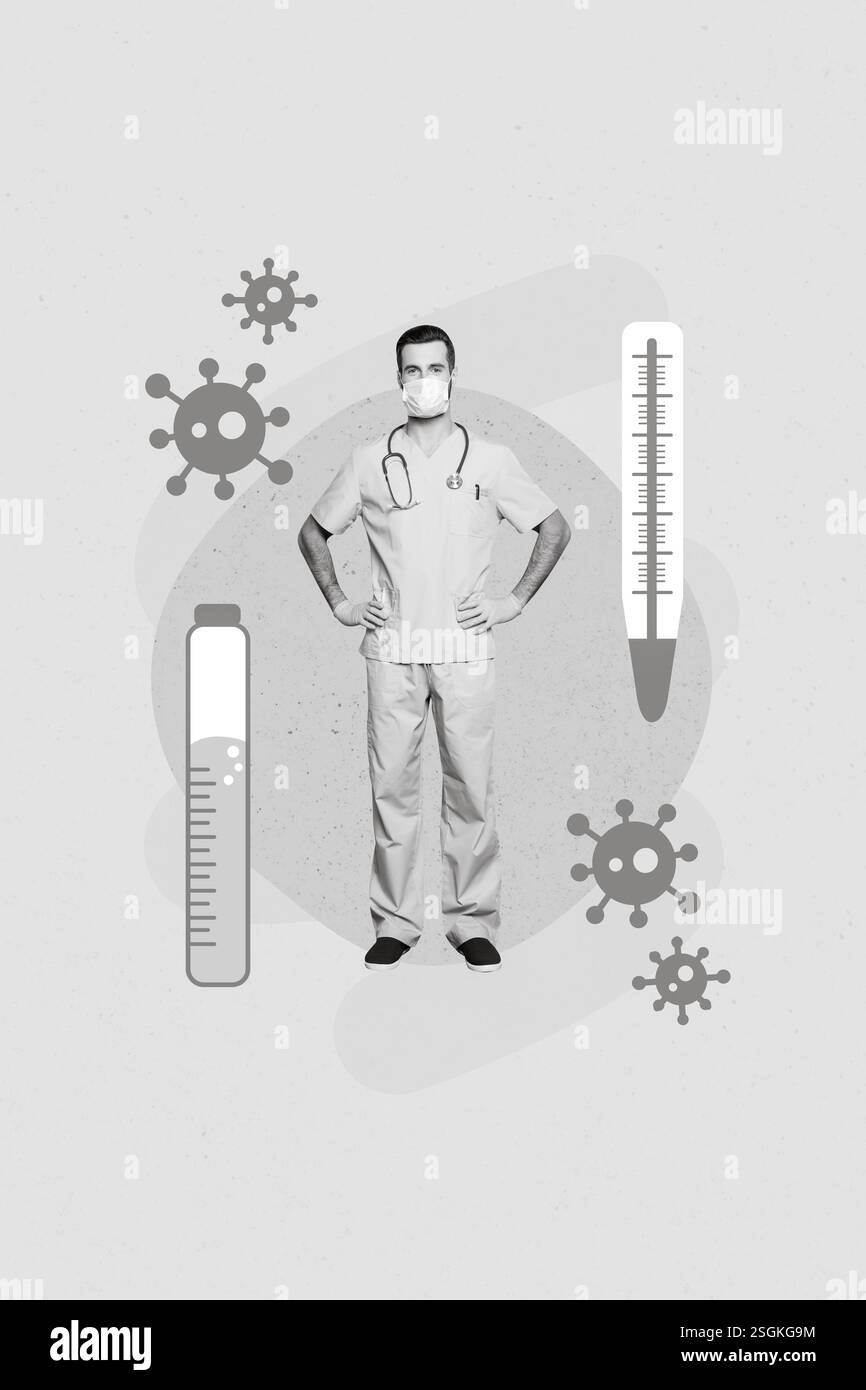Photo artwork minimal collage picture of serious confident doctor ready measure temperature isolated drawing background Stock Photo