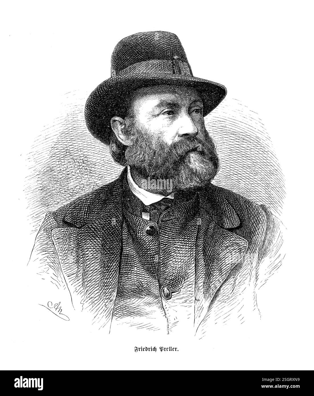 Friedrich Preller the Younger (1838-1901)  a renowned German artist. His intellectual engagement with classical themes is evident in his dignified appearance, mirroring the gravity of his contributions to art history during the German Romantic period. Stock Photo