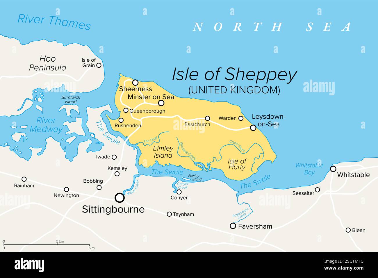 Isle of Sheppey, political map. Island off the northern coast of England, neighbouring the Thames. Stock Photo