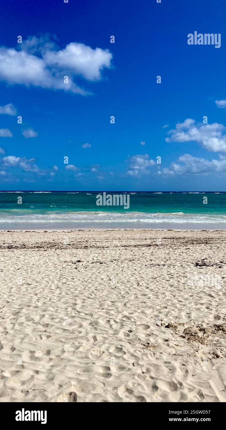 A secluded Caribbean paradise, where turquoise waters meet soft white sands under a perfect blue sky - Smartphone Captured Stock Image