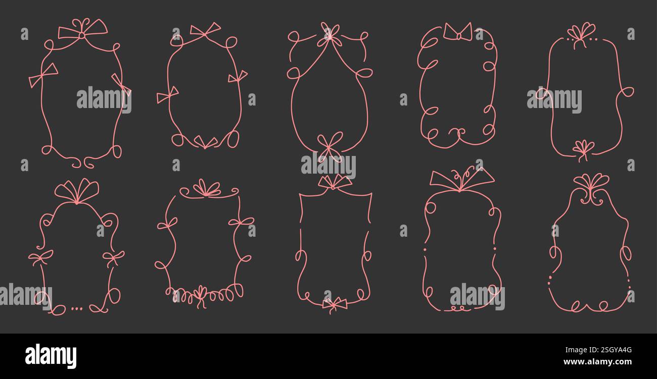 Doodle coquette frames with bows. Vintage line wavy border with ribbons set. Vector cute scribble curly rectangle and oval template foe holiday menu. Stock Vector