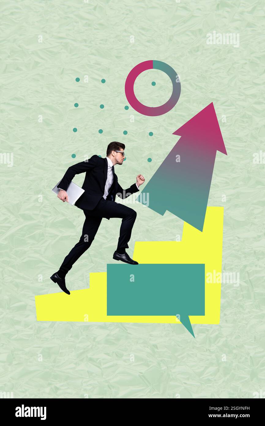 Vertical art trend collage of serious businessman run ladder career ...