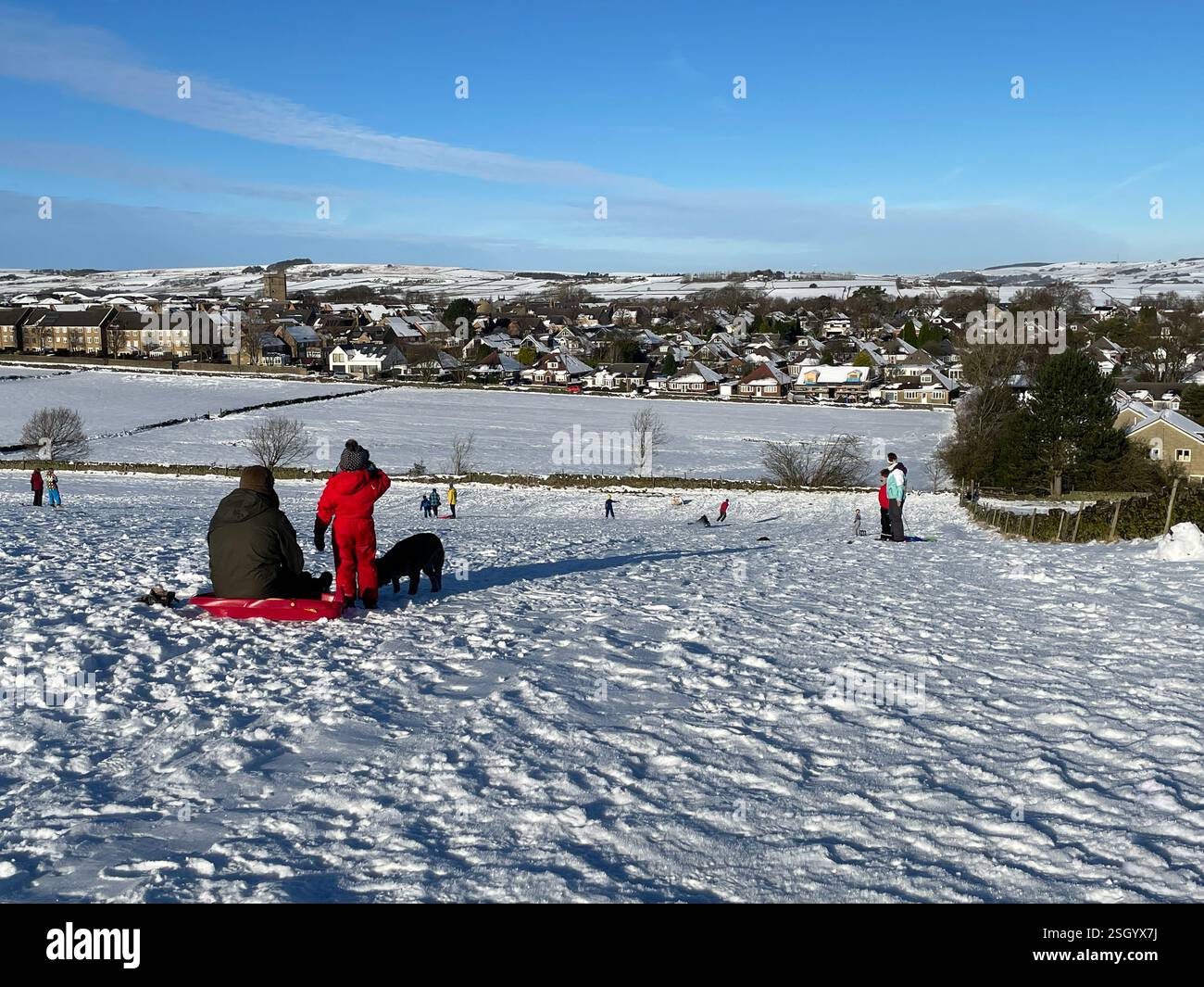 Sledging in the fields of rural Sheffield. Sheffield, South Yorkshire, England, UK. - Smartphone Captured Stock Image